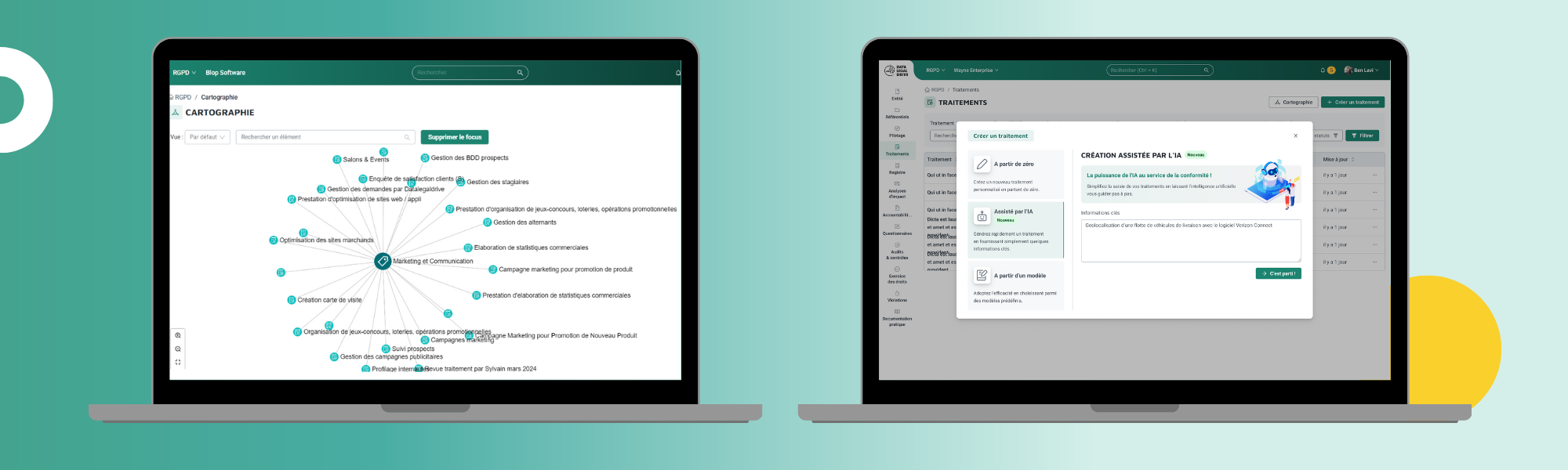 Captures d'écran de la plateforme Data Legal drive représentant les fonctionnalités registres de traitements assistés par l'IA et la cartographie.